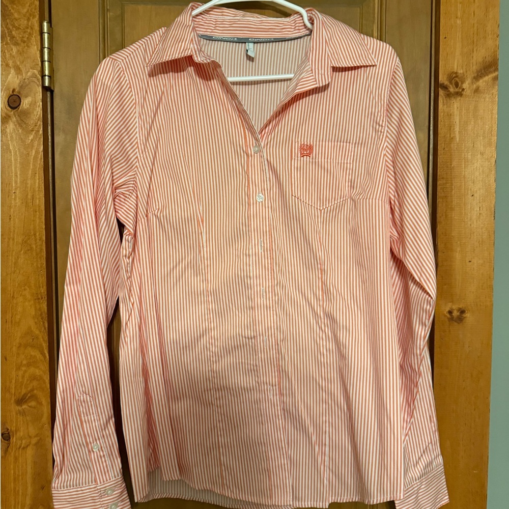 Cinch Peach and White Striped Shirt